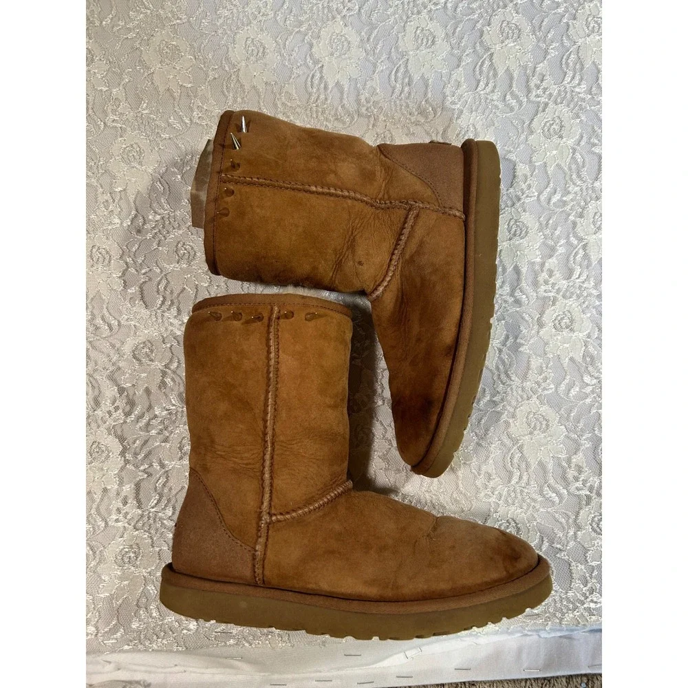 UGG Short Spiked Boots Chestnut Brown Sheepskin 7 Grunge Punk Y2K Handmade